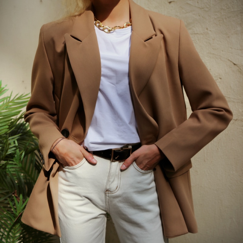 Women's Camel Color Double Breasted Blazer - Image 2