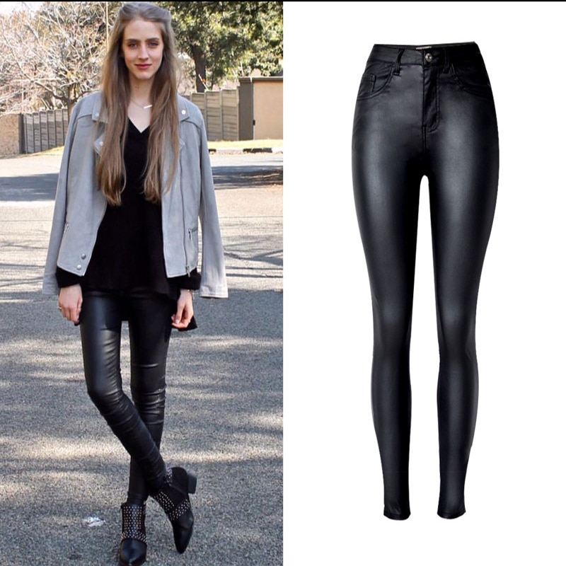 Women's Elastic Skinny Leather Look Jeans - Image 5