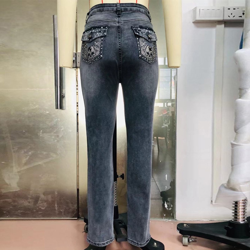 Women's Skull Patterned High Waist Jeans - Image 3