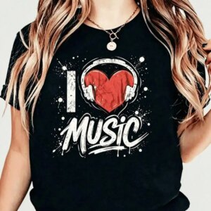 Unisex Crew Neck Short‑Sleeve Graphic T‑Shirt, Oversized I Love Music Headphone Heart Print, Fashion New Arrival, Breathable Casual Daily Top For Teen Boys & Girls