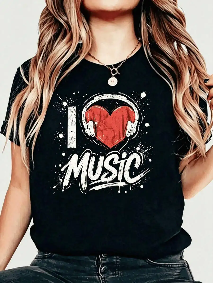 Unisex Crew Neck Short‑Sleeve Graphic T‑Shirt, Oversized I Love Music Headphone Heart Print, Fashion New Arrival, Breathable Casual Daily Top For Teen Boys & Girls