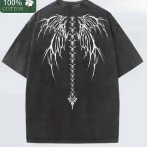 Black Vintage Washed Batik Cotton Oversized T-Shirt, White Gothic Wings Back Print Unisex Soft Loose Comfort Streetwear Graphic Tee