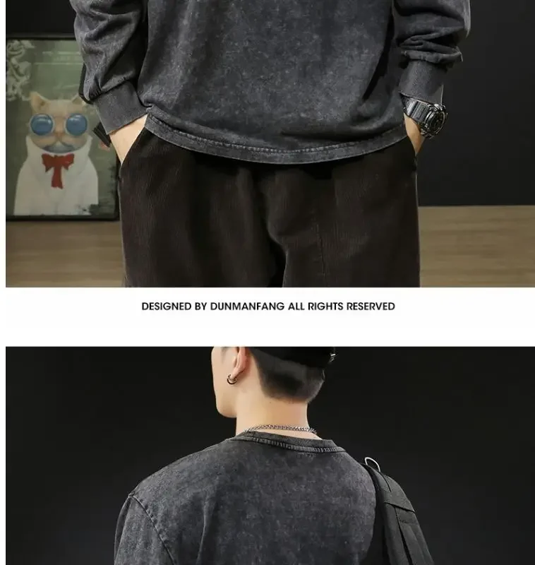 Hip Hop T Shirt Men Vintage 100% Cotton Harajuku Oversized Washed Tshirt Women Unisex Spring Autumn Comfortable Long-Sleeve Tee