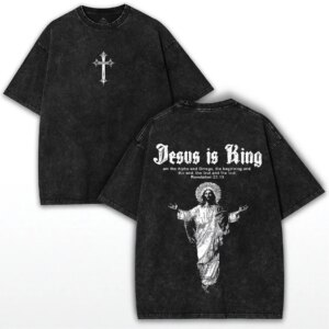 Jesus Is King T-Shirt Christian Cross Print Vintage Washed Cotton Retro Religious Graphic Tee Streetwear Unisex Top
