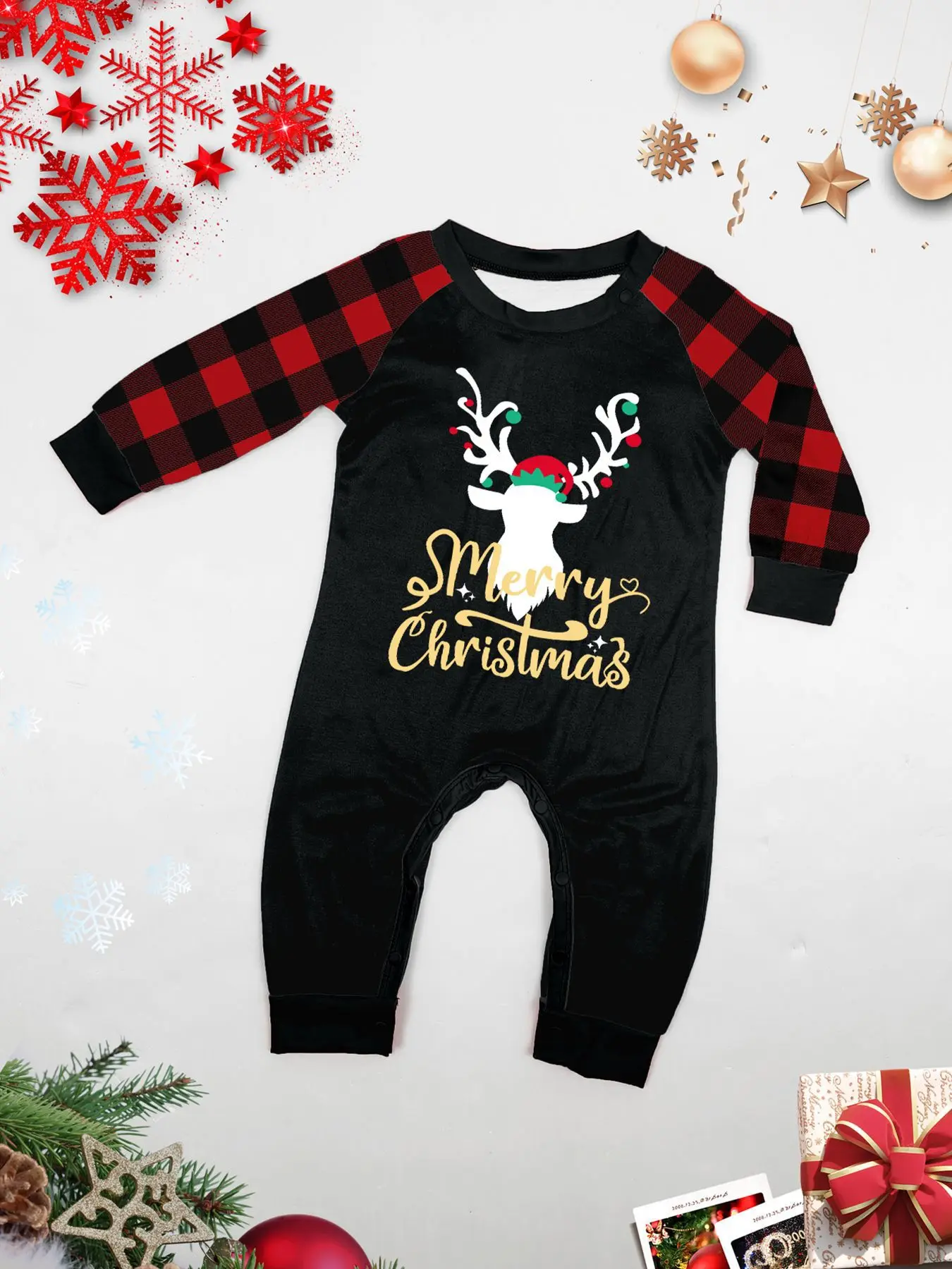 2024 new autumn Christmas family suit, family pajamas set, round neck red and black check cute deer print long sleeve home suit
