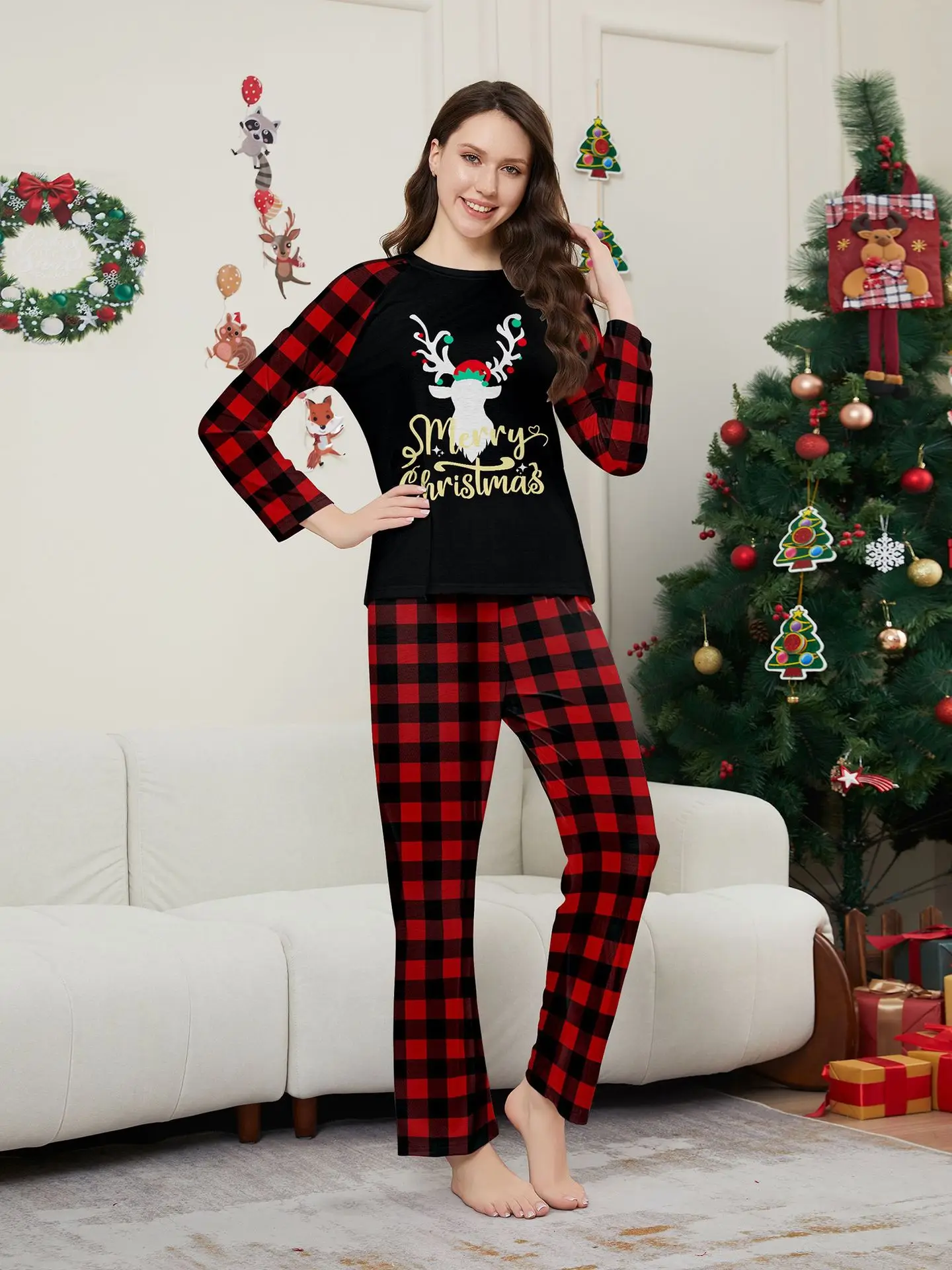 2024 new autumn Christmas family suit, family pajamas set, round neck red and black check cute deer print long sleeve home suit