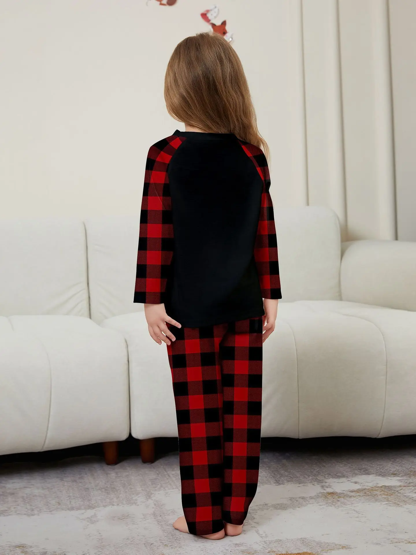 2024 new autumn Christmas family suit, family pajamas set, round neck red and black check cute deer print long sleeve home suit