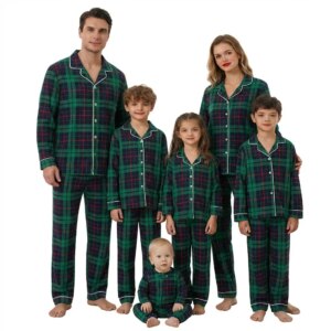 Merry Xmas Family Matching Pajamas Set Plaid Print Adults Kids Christmas Pyjamas Button Shirt+Trousers 2 Pieces Suit Loungewear