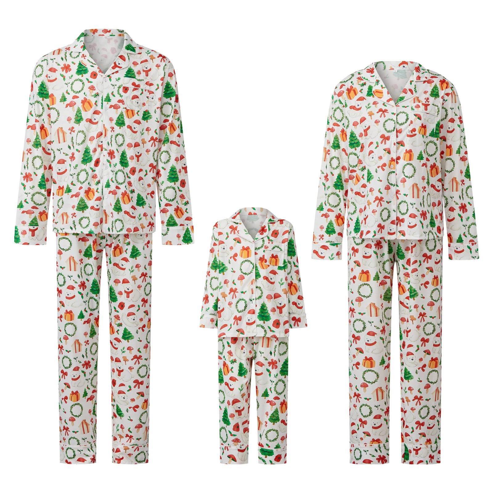 Family Christmas Matching Pajamas Sets Mom Dad Kids Christmas Wreath Print Long Sleeve Button Shirts Pants Xmas Look Pyjamas