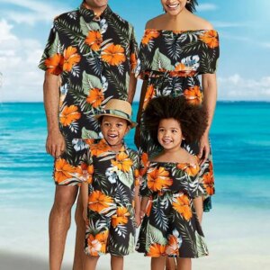 2026 New Summer Women Men Boys Girls Family Matching Outfit Floral Pattern Mom Daughter Dress Dad Son 2 Pieces Suit Holiday Wear