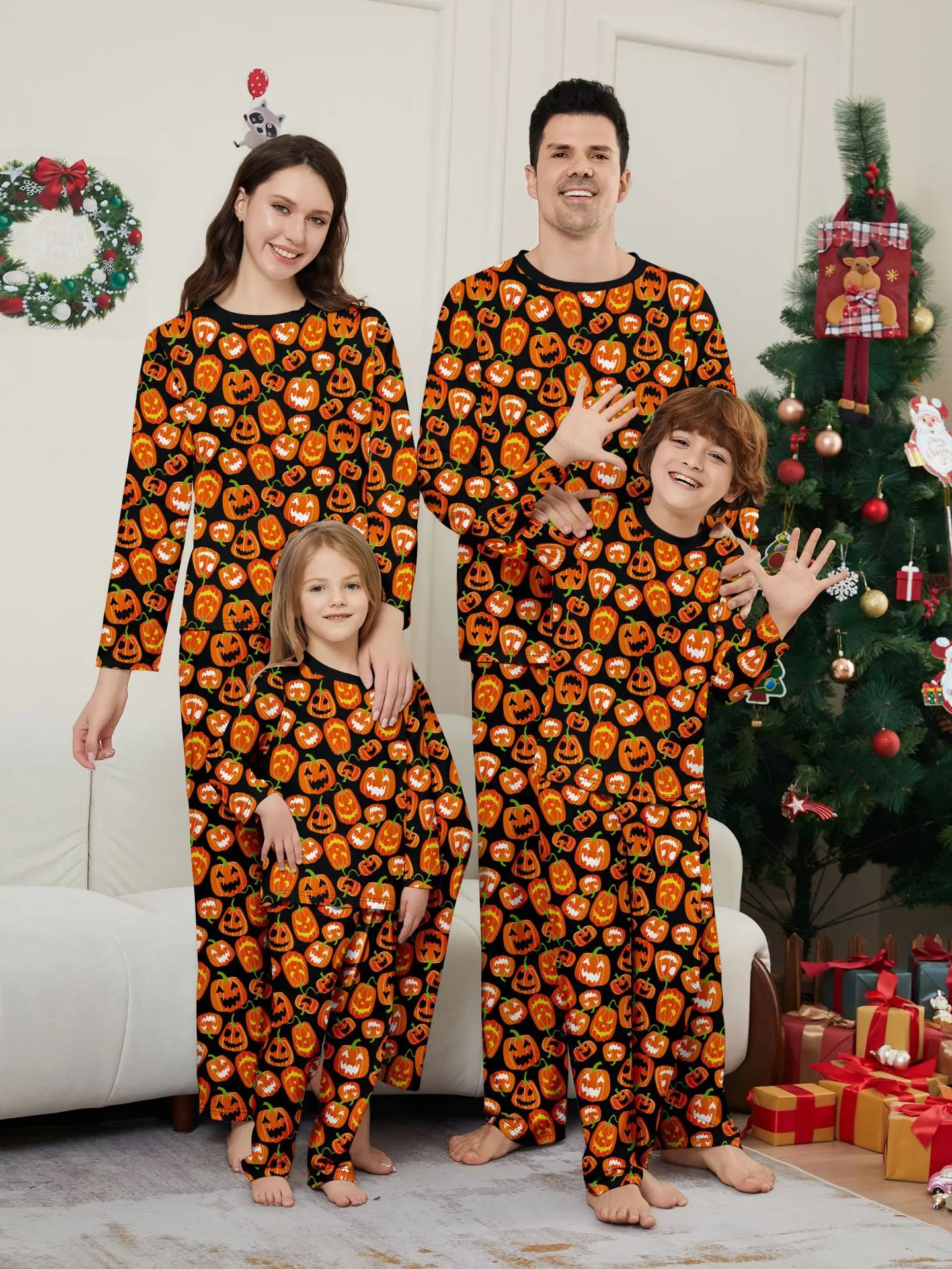Halloween parent-child pajama set pumpkin funny devil print European and American style home wear Halloween parent-child pajama set pumpkin funny devil print European and American style home wear