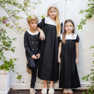 Ali Plus 2026 SS Sailor Maxi Kids Cotton Outfits Embroidery Removable White Collar Girls Boys Matching Clothes
