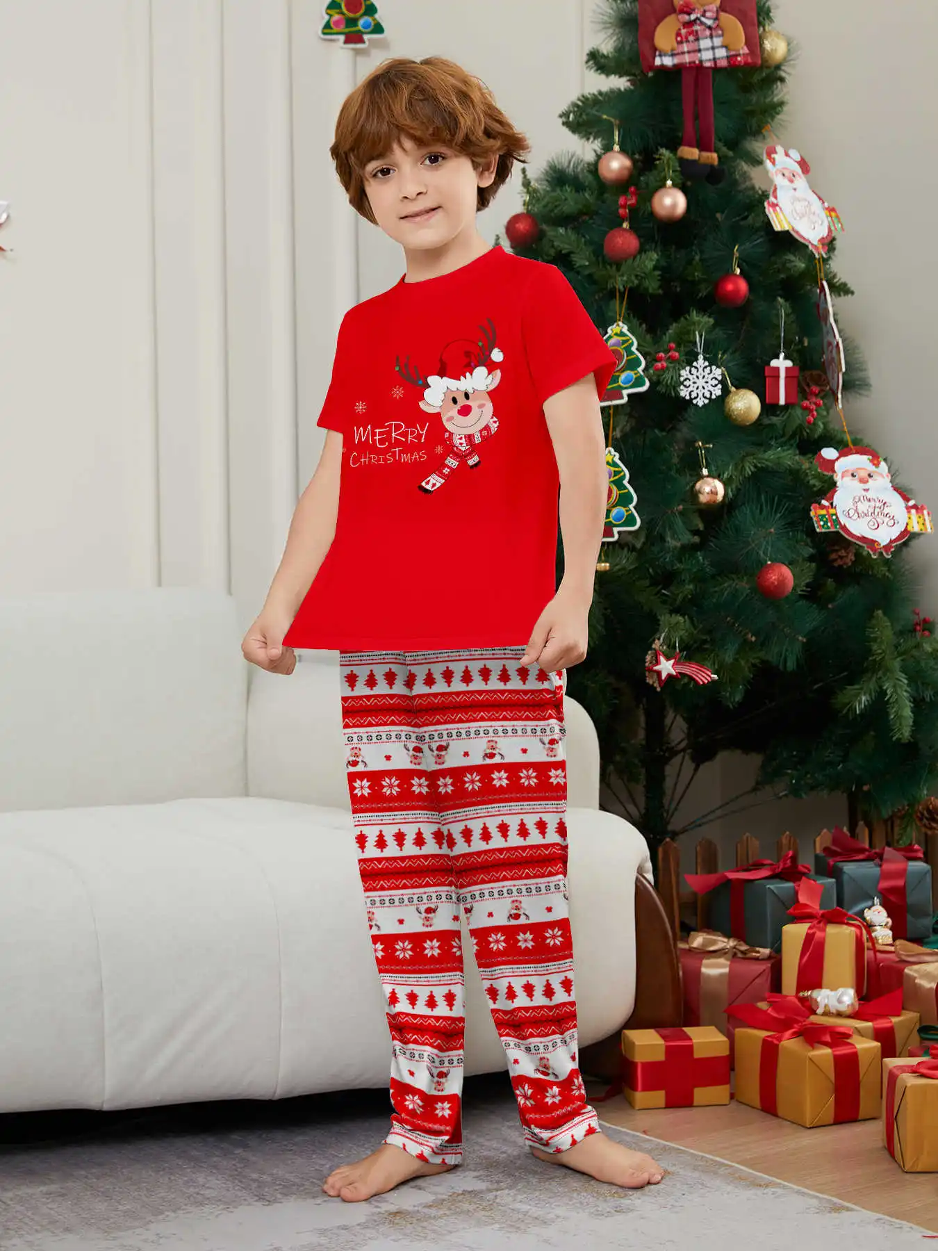 New Year's Costumes Short Sleeve Christmas Pyjamas Set Adults Kids Matching Outfits Cute Elk Print T-shirt+Trousers Loungewear