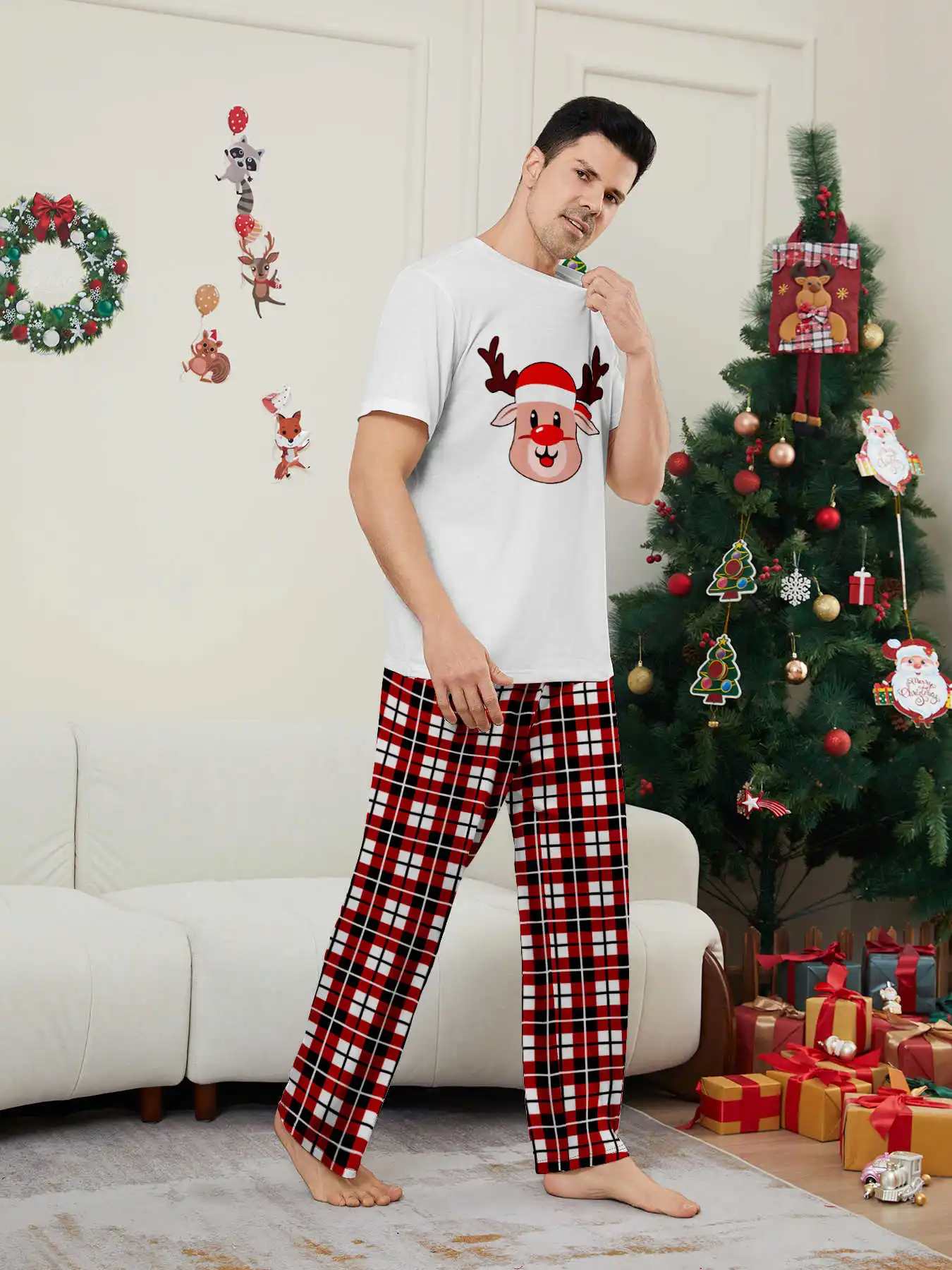 New Year's Costumes Short Sleeve Christmas Pyjamas Set Adults Kids Matching Outfits Cute Elk Print T-shirt+Trousers Loungewear
