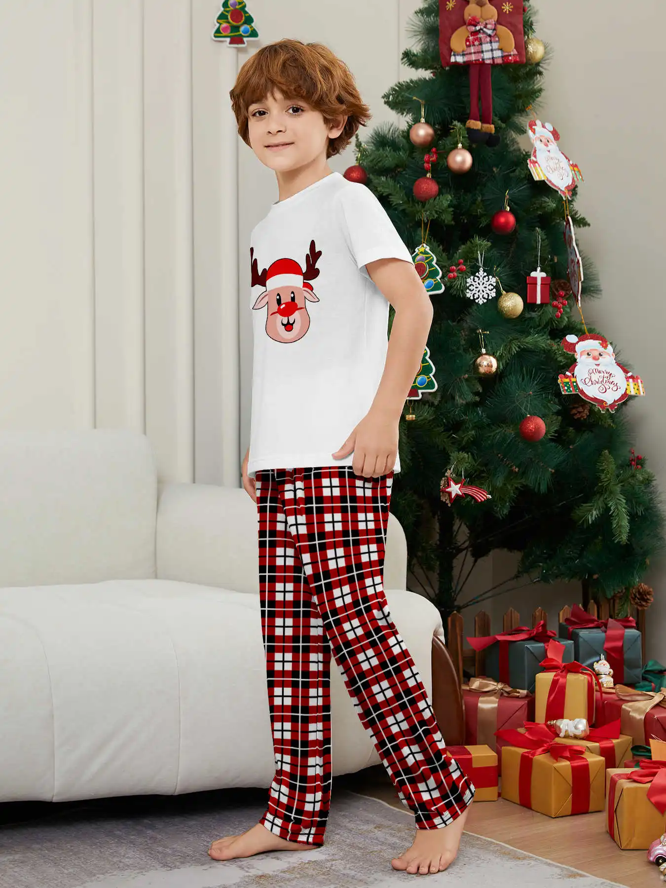 New Year's Costumes Short Sleeve Christmas Pyjamas Set Adults Kids Matching Outfits Cute Elk Print T-shirt+Trousers Loungewear