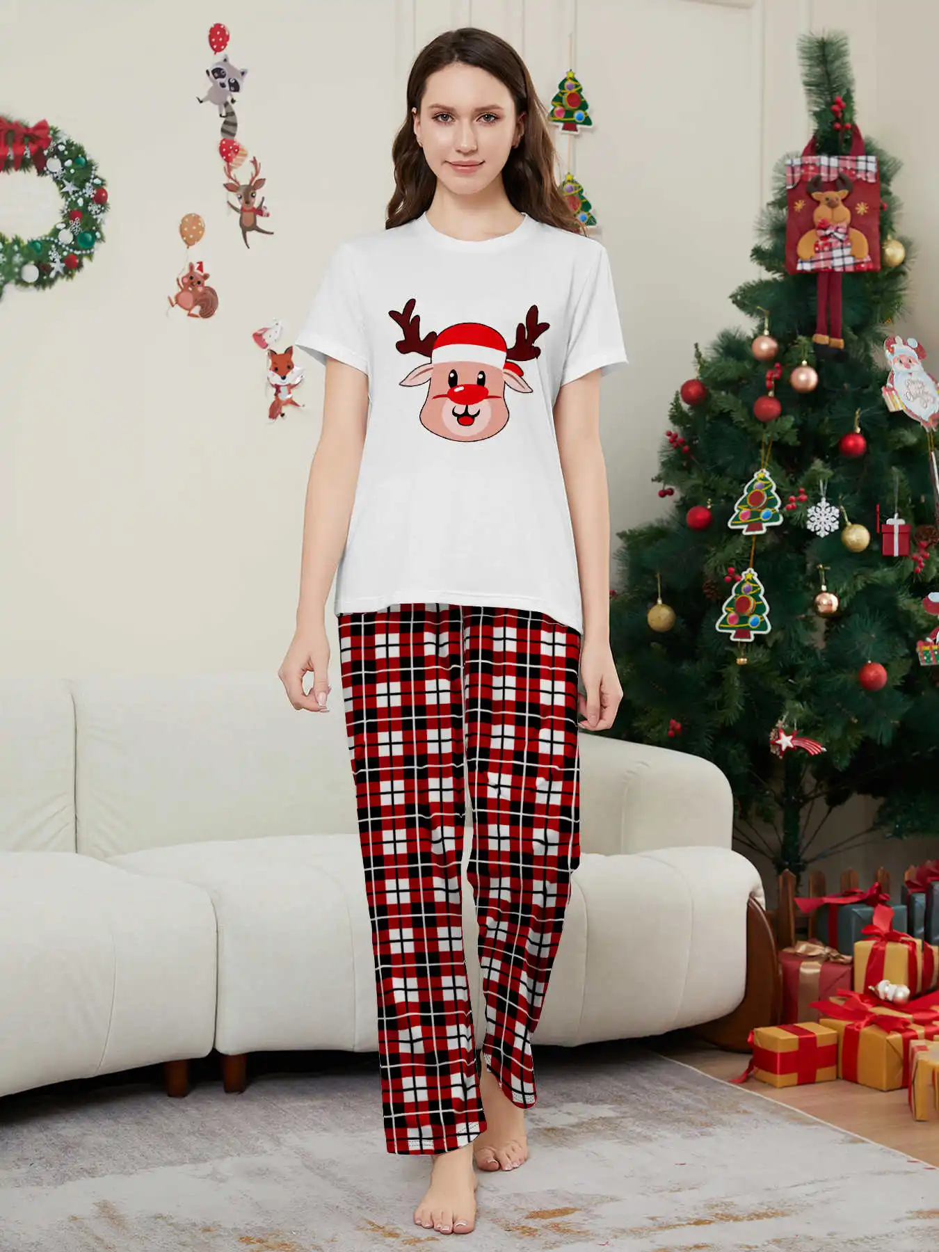 New Year's Costumes Short Sleeve Christmas Pyjamas Set Adults Kids Matching Outfits Cute Elk Print T-shirt+Trousers Loungewear