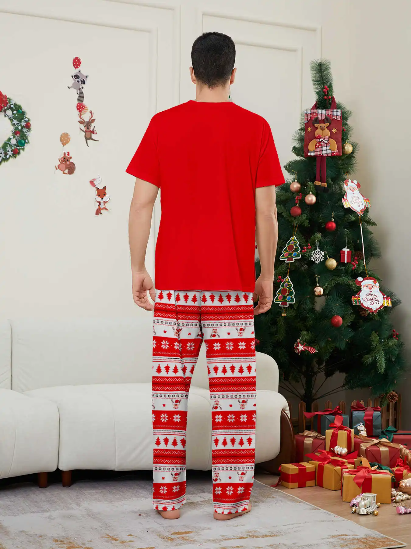 New Year's Costumes Short Sleeve Christmas Pyjamas Set Adults Kids Matching Outfits Cute Elk Print T-shirt+Trousers Loungewear