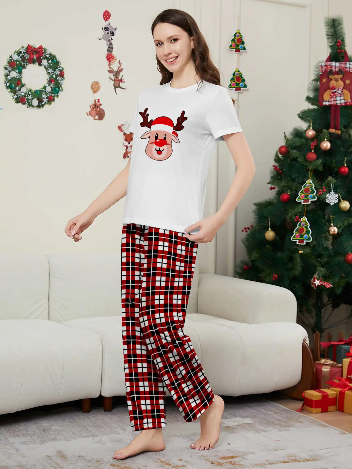 New Year's Costumes Short Sleeve Christmas Pyjamas Set Adults Kids Matching Outfits Cute Elk Print T-shirt+Trousers Loungewear