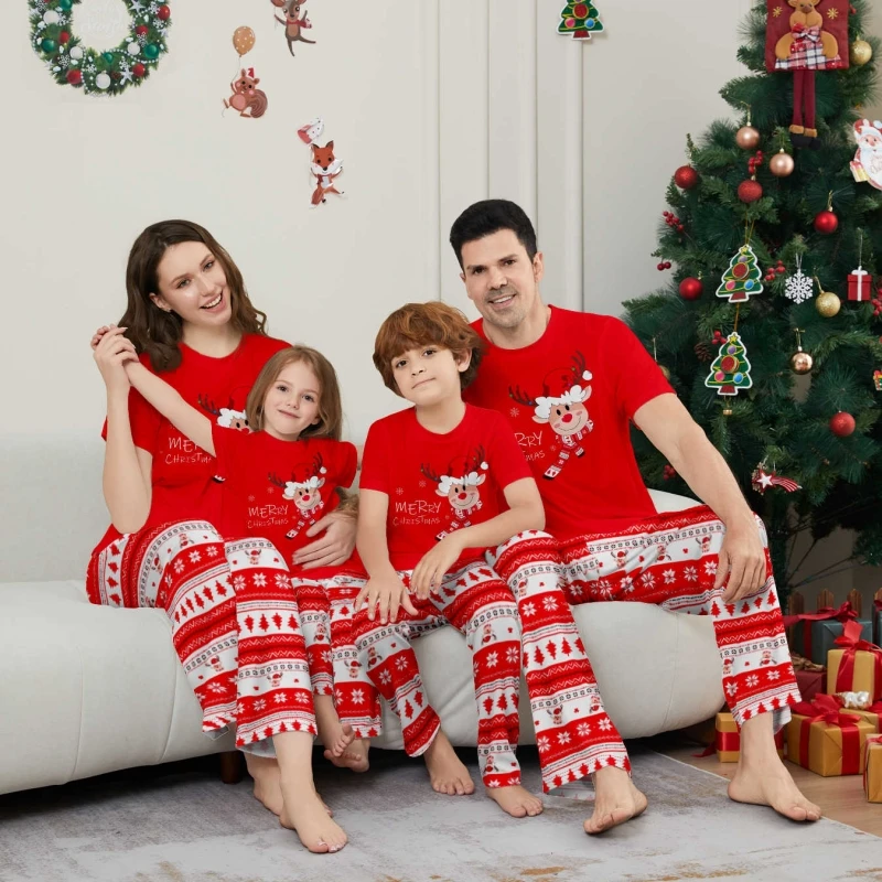 New Year's Costumes Short Sleeve Christmas Pyjamas Set Adults Kids Matching Outfits Cute Elk Print T-shirt+Trousers Loungewear