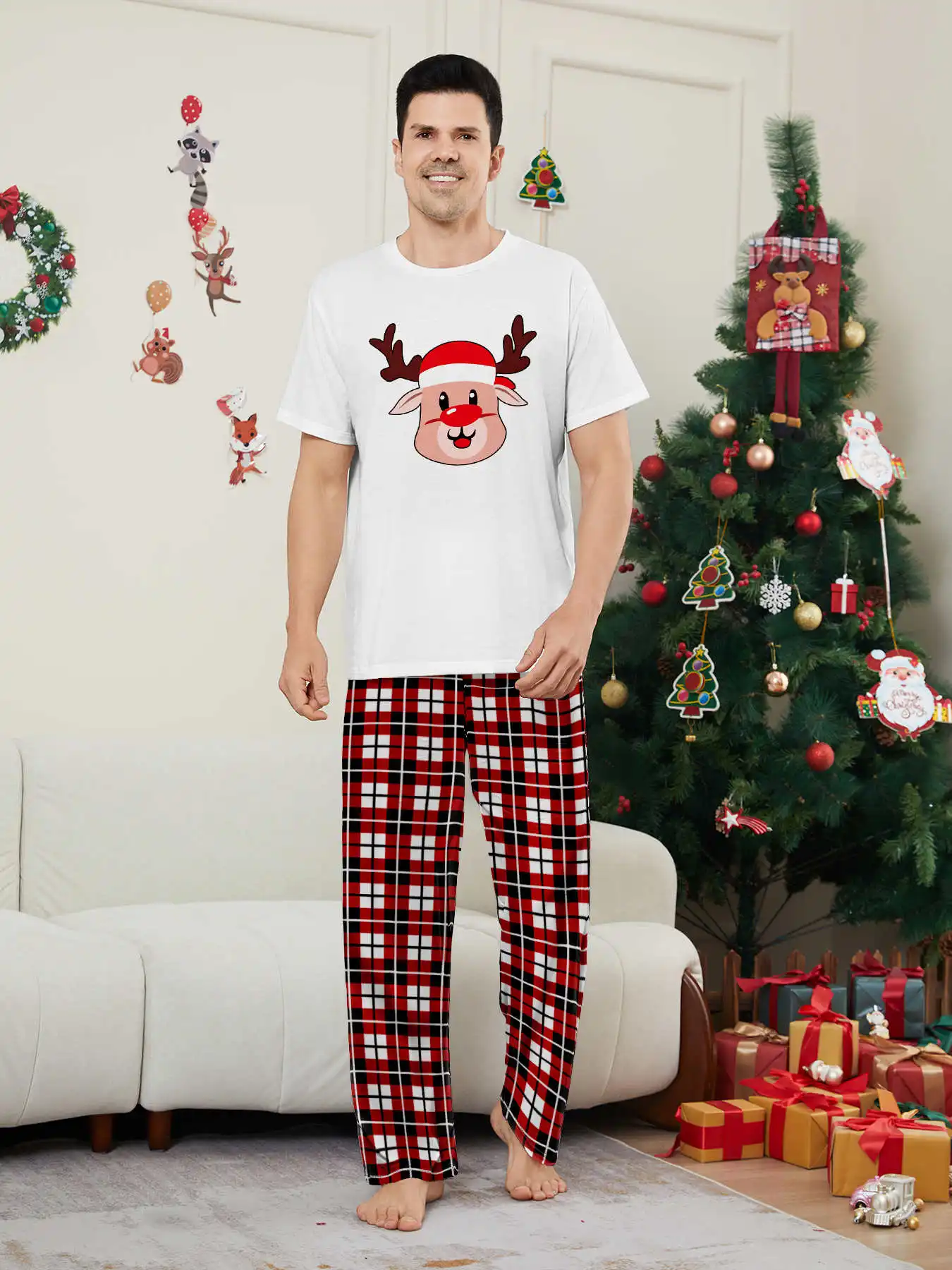 New Year's Costumes Short Sleeve Christmas Pyjamas Set Adults Kids Matching Outfits Cute Elk Print T-shirt+Trousers Loungewear