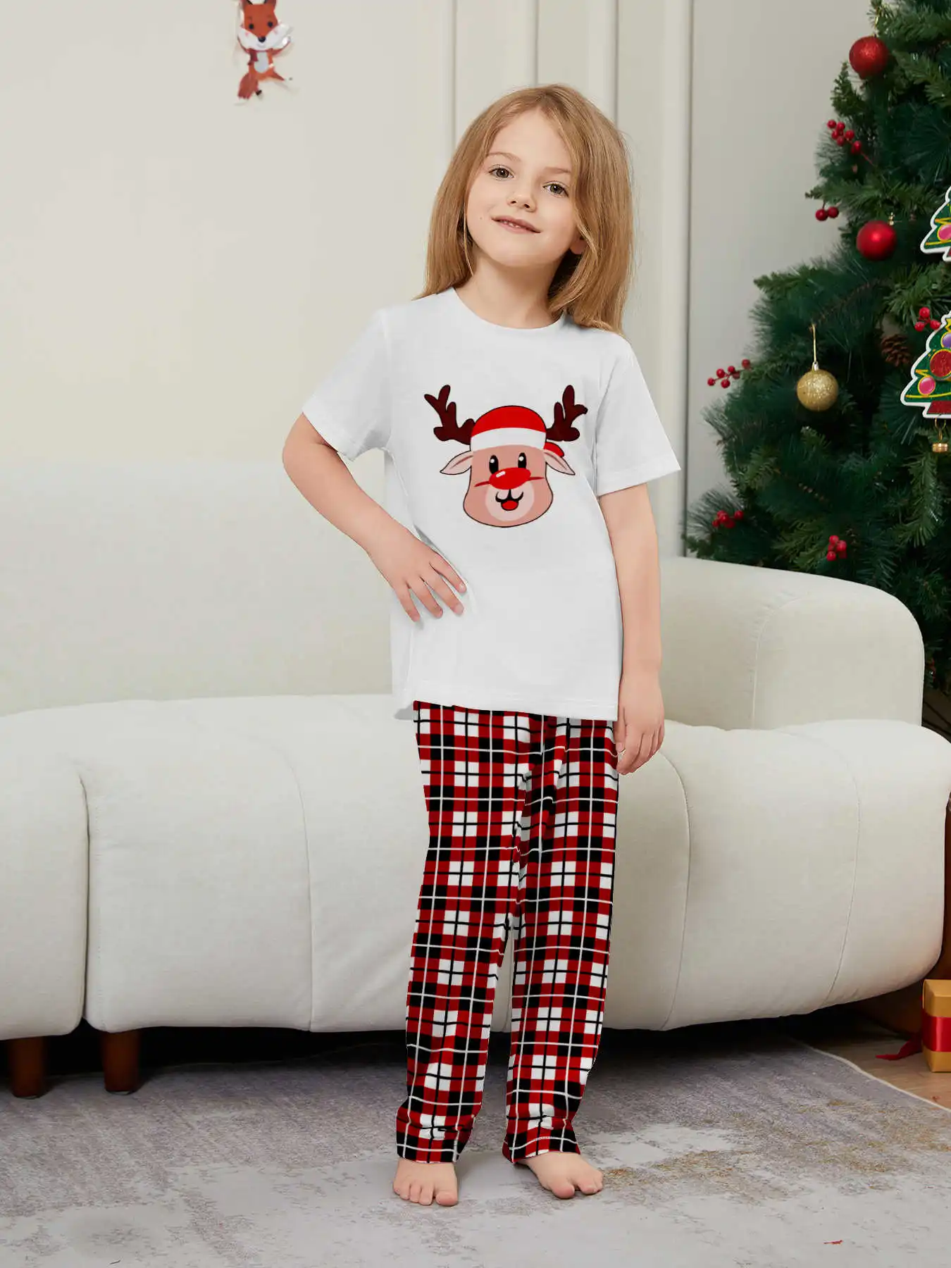 New Year's Costumes Short Sleeve Christmas Pyjamas Set Adults Kids Matching Outfits Cute Elk Print T-shirt+Trousers Loungewear