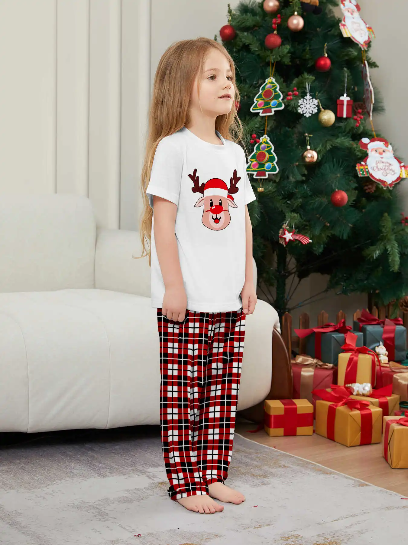 New Year's Costumes Short Sleeve Christmas Pyjamas Set Adults Kids Matching Outfits Cute Elk Print T-shirt+Trousers Loungewear