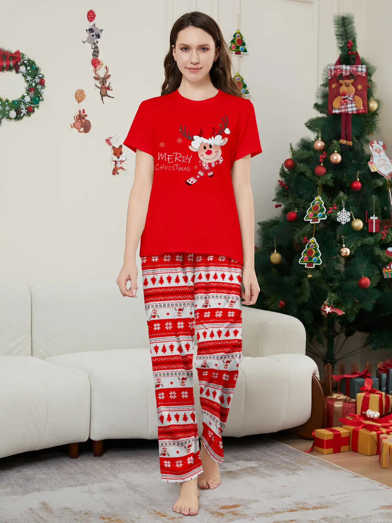 New Year's Costumes Short Sleeve Christmas Pyjamas Set Adults Kids Matching Outfits Cute Elk Print T-shirt+Trousers Loungewear