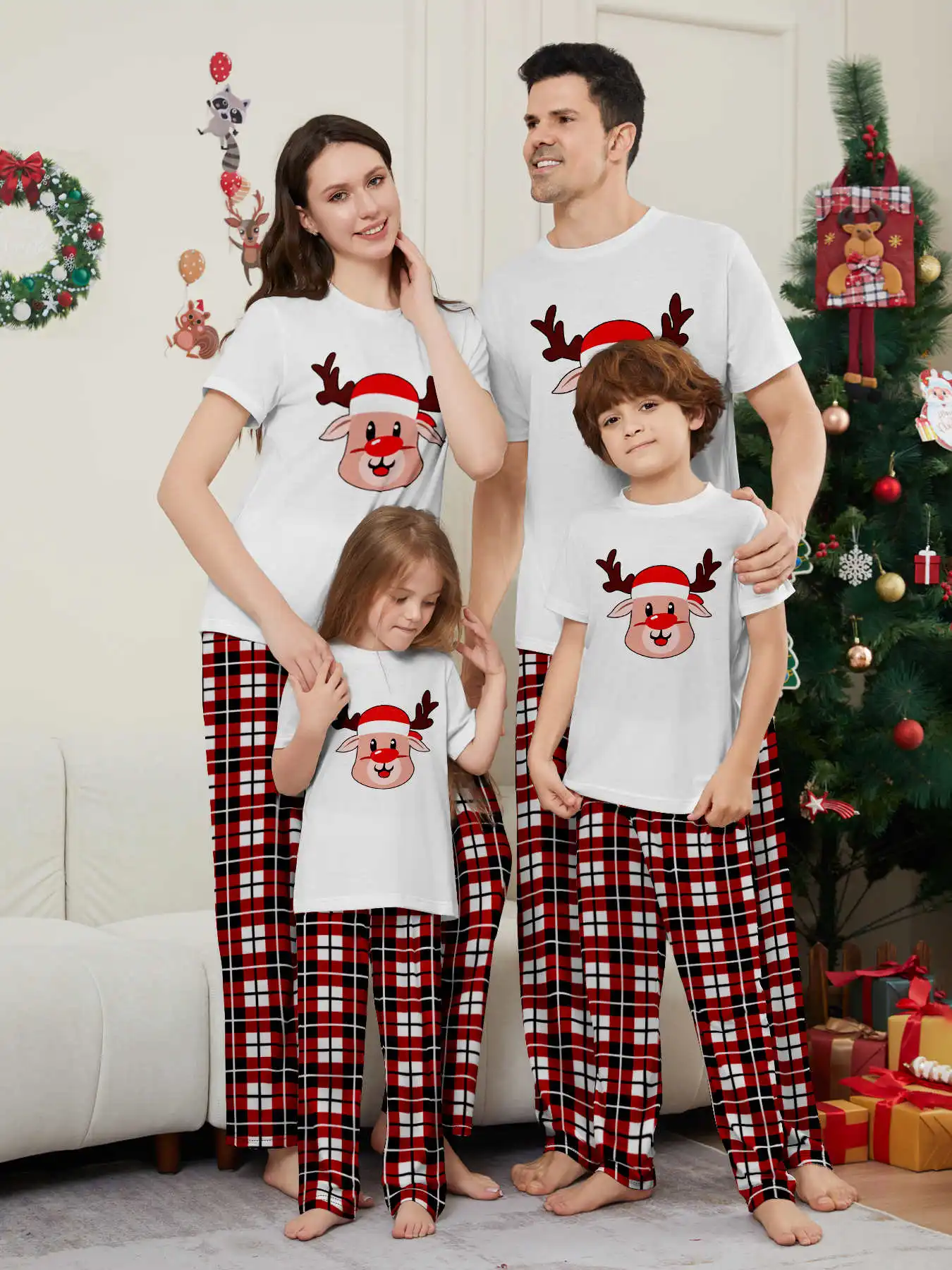 New Year's Costumes Short Sleeve Christmas Pyjamas Set Adults Kids Matching Outfits Cute Elk Print T-shirt+Trousers Loungewear