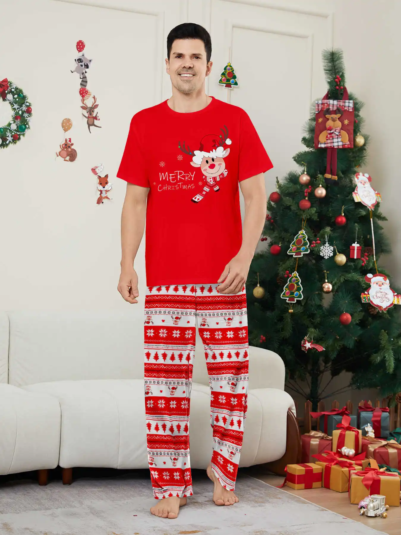 New Year's Costumes Short Sleeve Christmas Pyjamas Set Adults Kids Matching Outfits Cute Elk Print T-shirt+Trousers Loungewear
