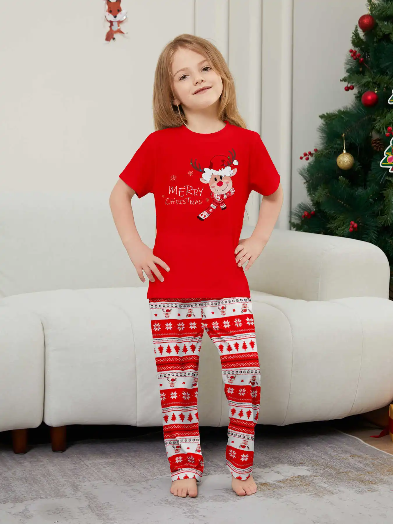 New Year's Costumes Short Sleeve Christmas Pyjamas Set Adults Kids Matching Outfits Cute Elk Print T-shirt+Trousers Loungewear