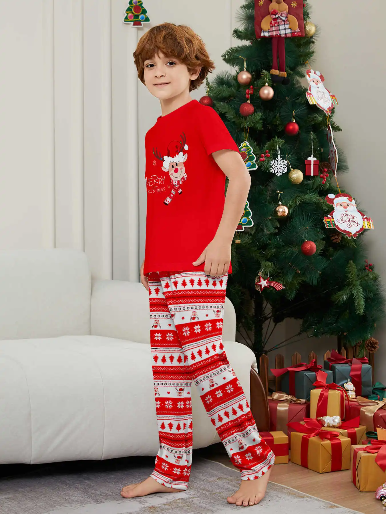 New Year's Costumes Short Sleeve Christmas Pyjamas Set Adults Kids Matching Outfits Cute Elk Print T-shirt+Trousers Loungewear