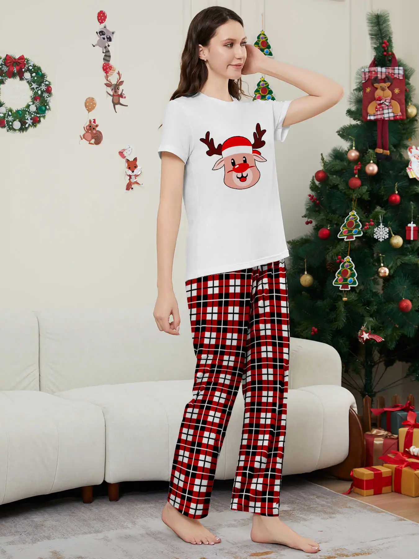 New Year's Costumes Short Sleeve Christmas Pyjamas Set Adults Kids Matching Outfits Cute Elk Print T-shirt+Trousers Loungewear