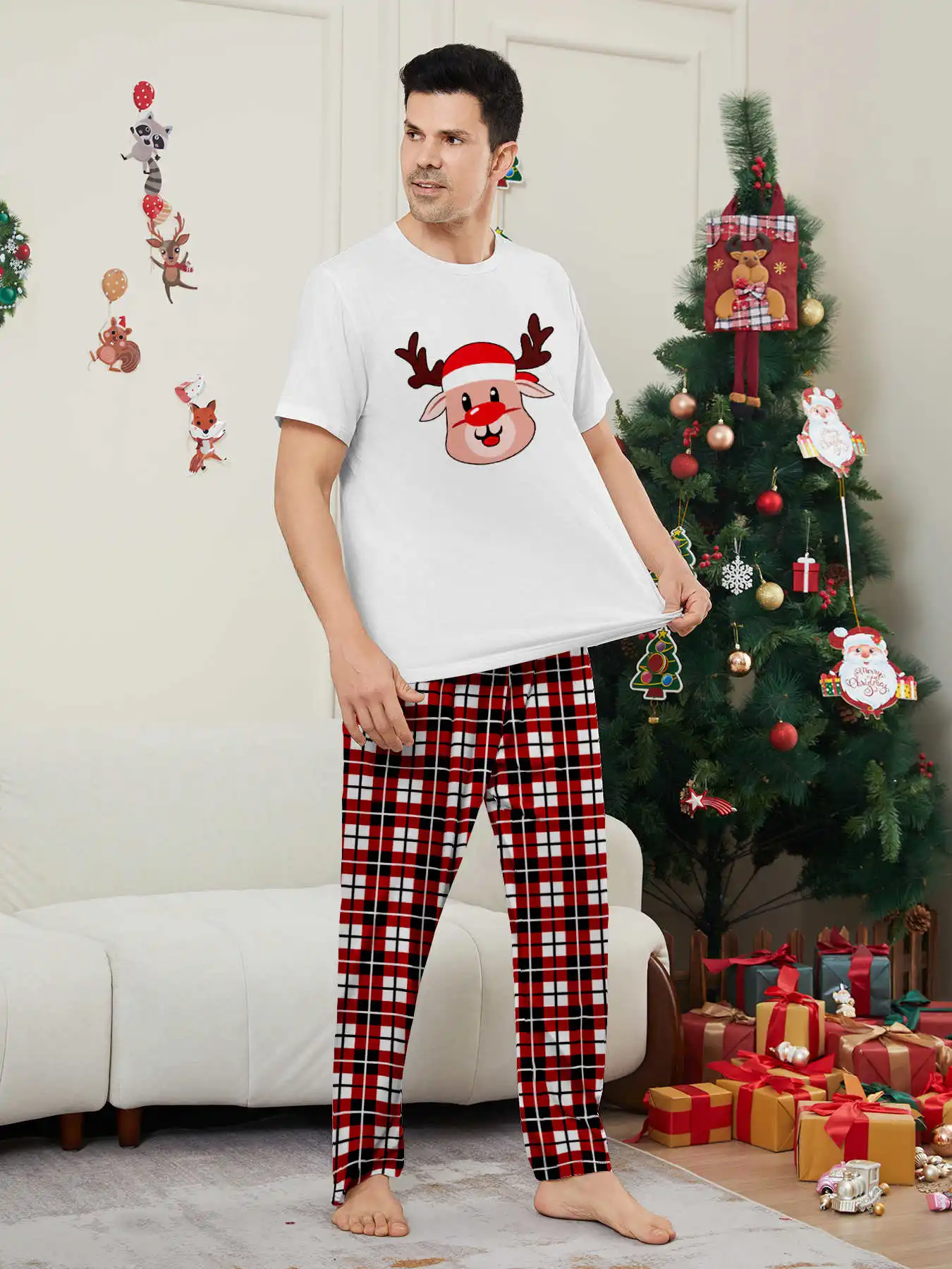 New Year's Costumes Short Sleeve Christmas Pyjamas Set Adults Kids Matching Outfits Cute Elk Print T-shirt+Trousers Loungewear