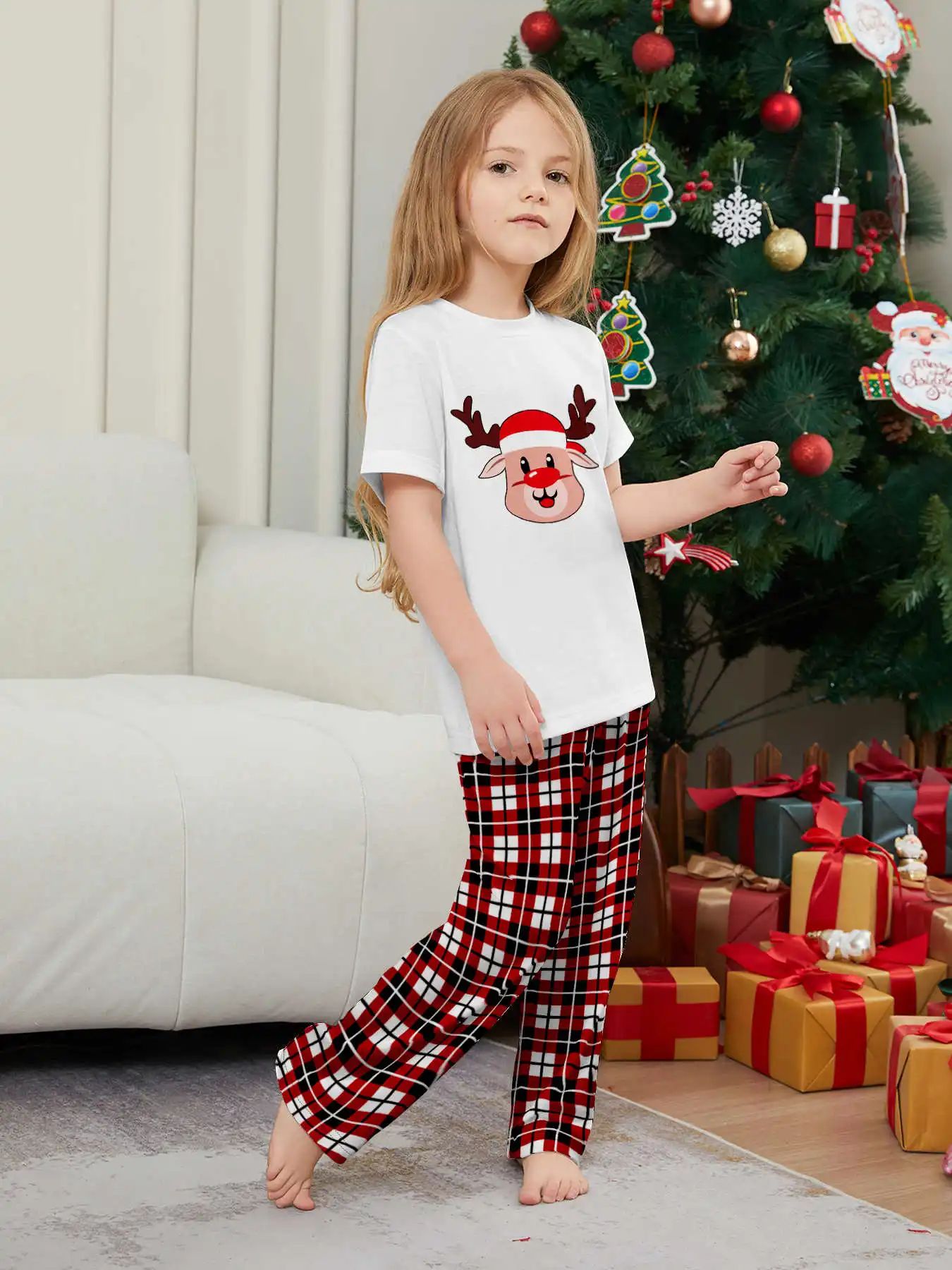 New Year's Costumes Short Sleeve Christmas Pyjamas Set Adults Kids Matching Outfits Cute Elk Print T-shirt+Trousers Loungewear