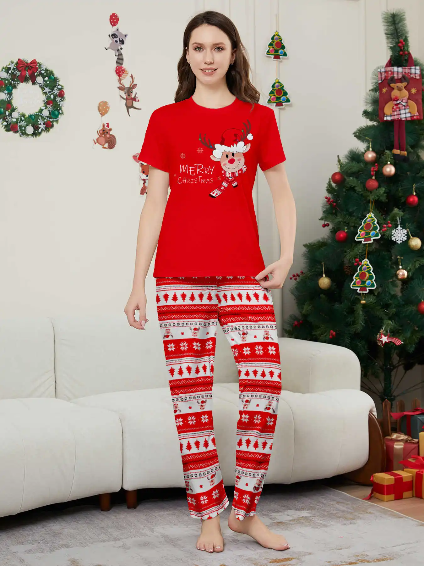 New Year's Costumes Short Sleeve Christmas Pyjamas Set Adults Kids Matching Outfits Cute Elk Print T-shirt+Trousers Loungewear