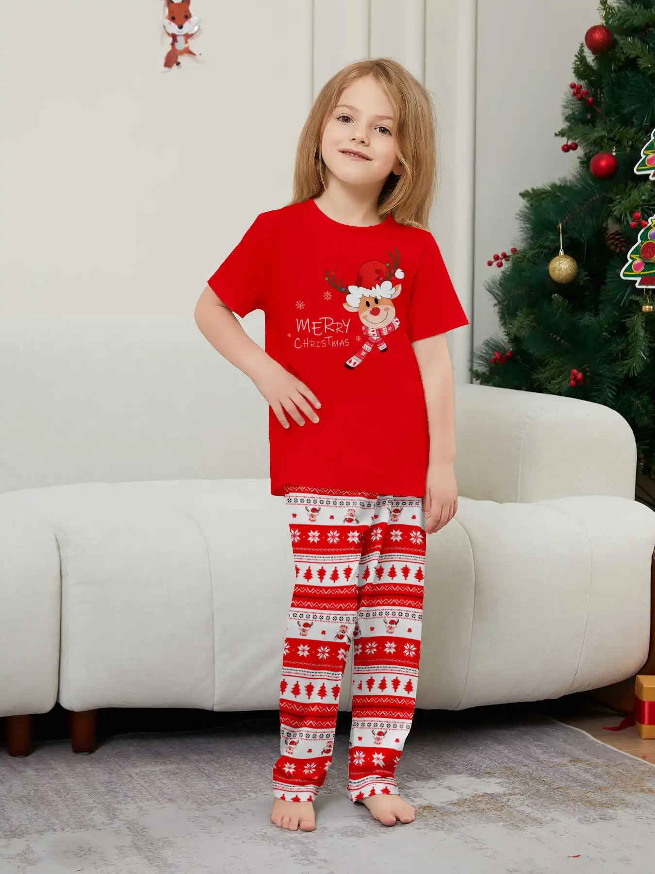 New Year's Costumes Short Sleeve Christmas Pyjamas Set Adults Kids Matching Outfits Cute Elk Print T-shirt+Trousers Loungewear