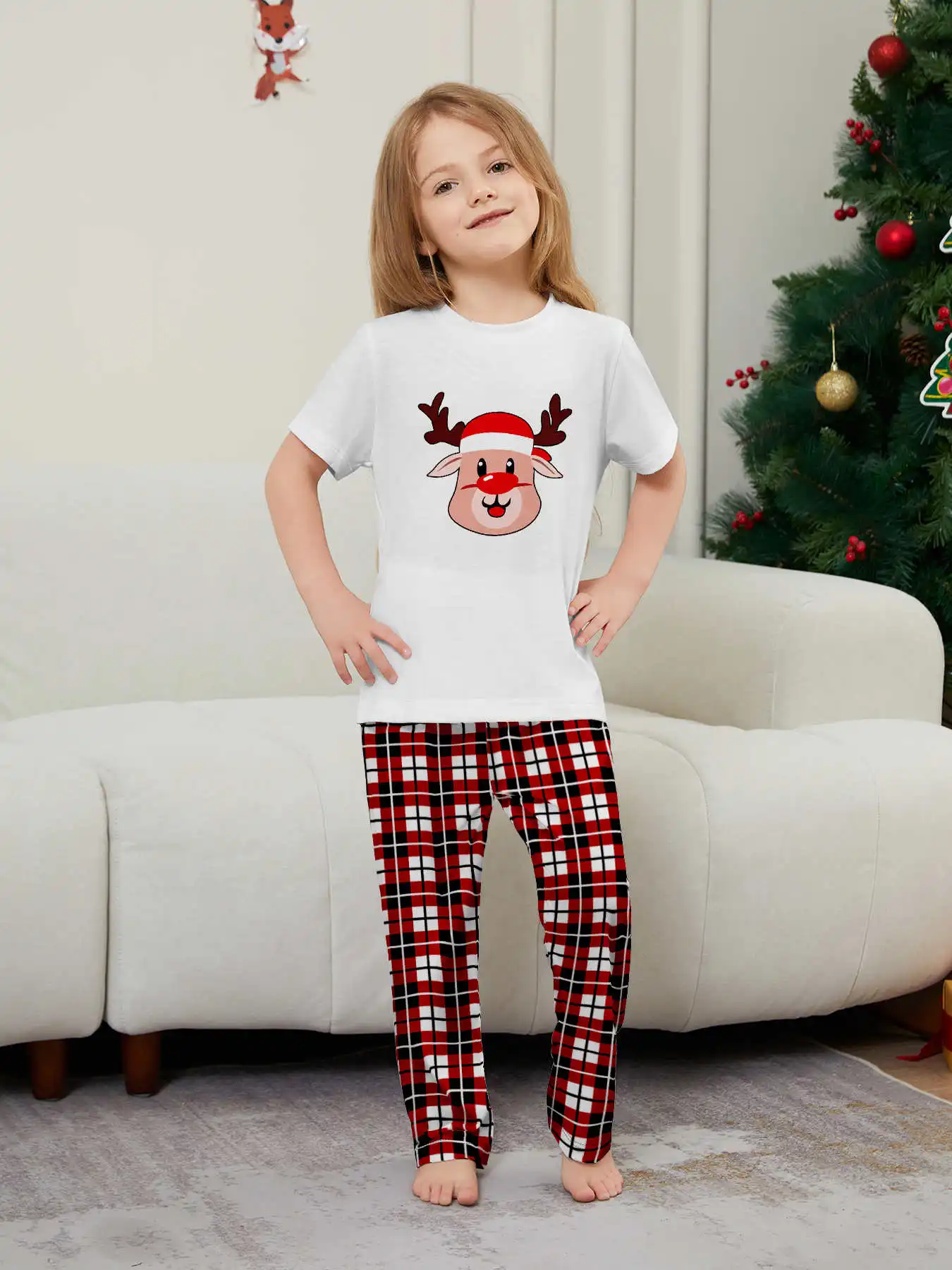 New Year's Costumes Short Sleeve Christmas Pyjamas Set Adults Kids Matching Outfits Cute Elk Print T-shirt+Trousers Loungewear