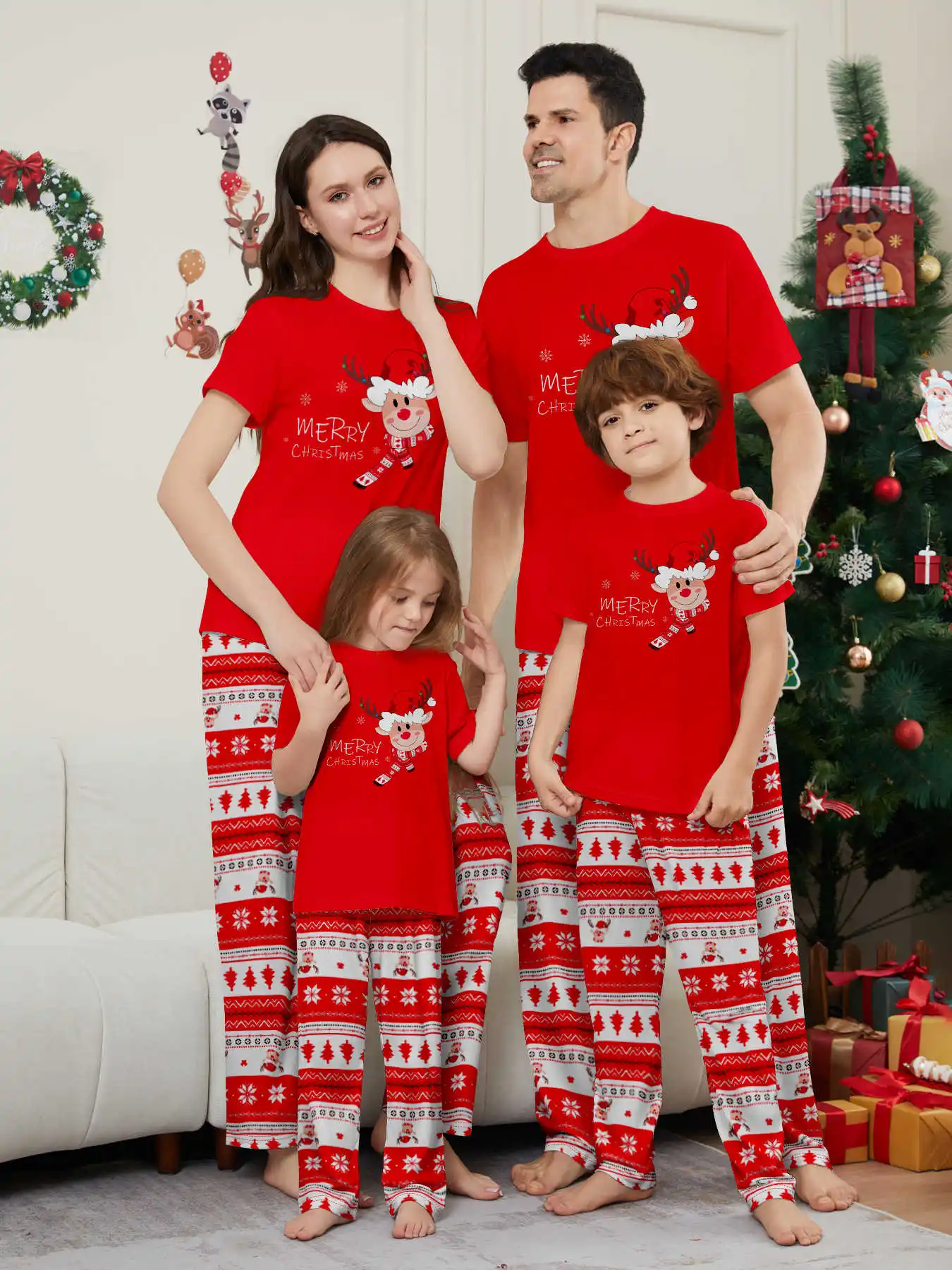 New Year's Costumes Short Sleeve Christmas Pyjamas Set Adults Kids Matching Outfits Cute Elk Print T-shirt+Trousers Loungewear