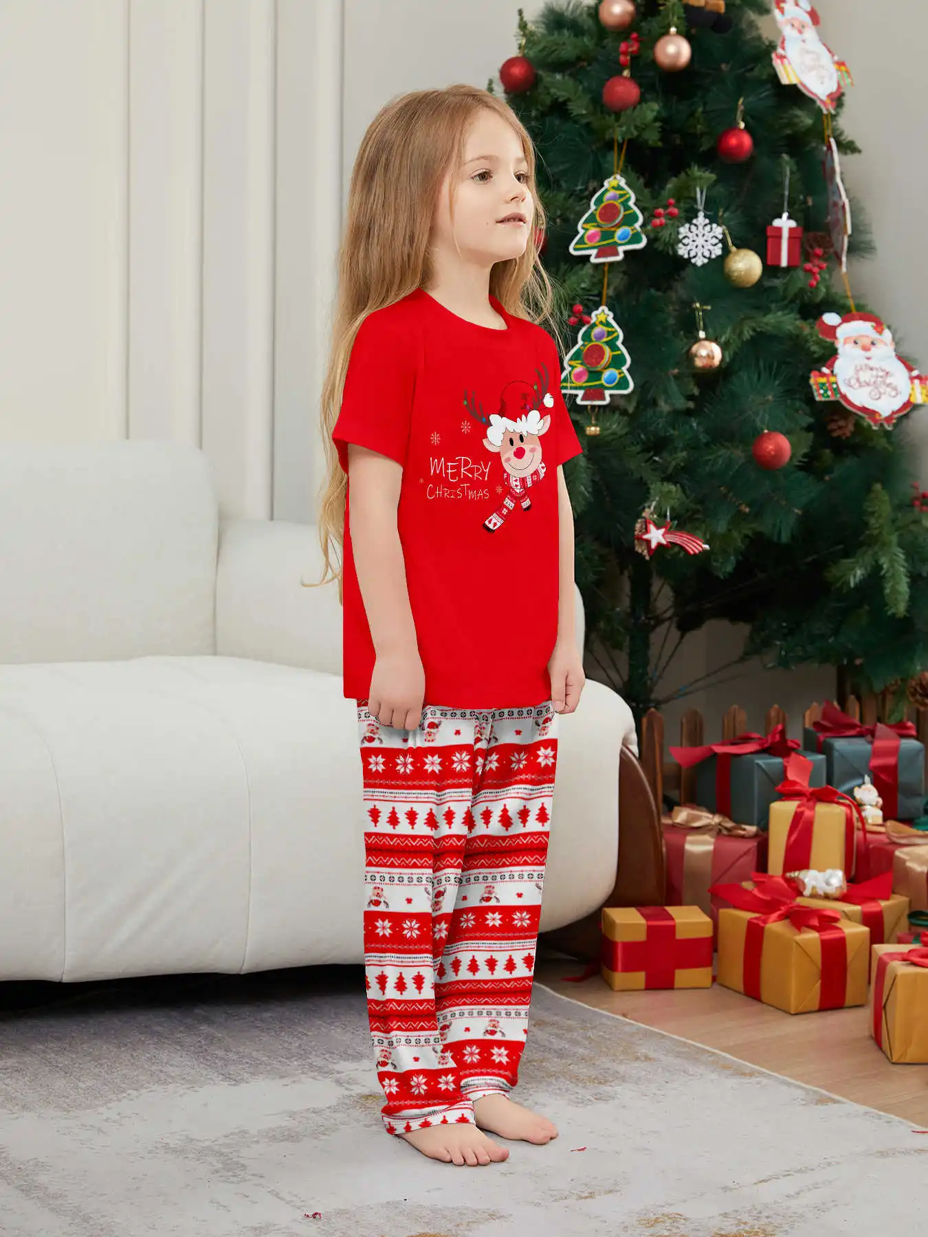 New Year's Costumes Short Sleeve Christmas Pyjamas Set Adults Kids Matching Outfits Cute Elk Print T-shirt+Trousers Loungewear