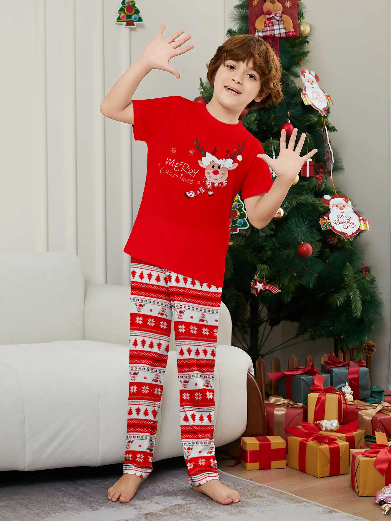 New Year's Costumes Short Sleeve Christmas Pyjamas Set Adults Kids Matching Outfits Cute Elk Print T-shirt+Trousers Loungewear