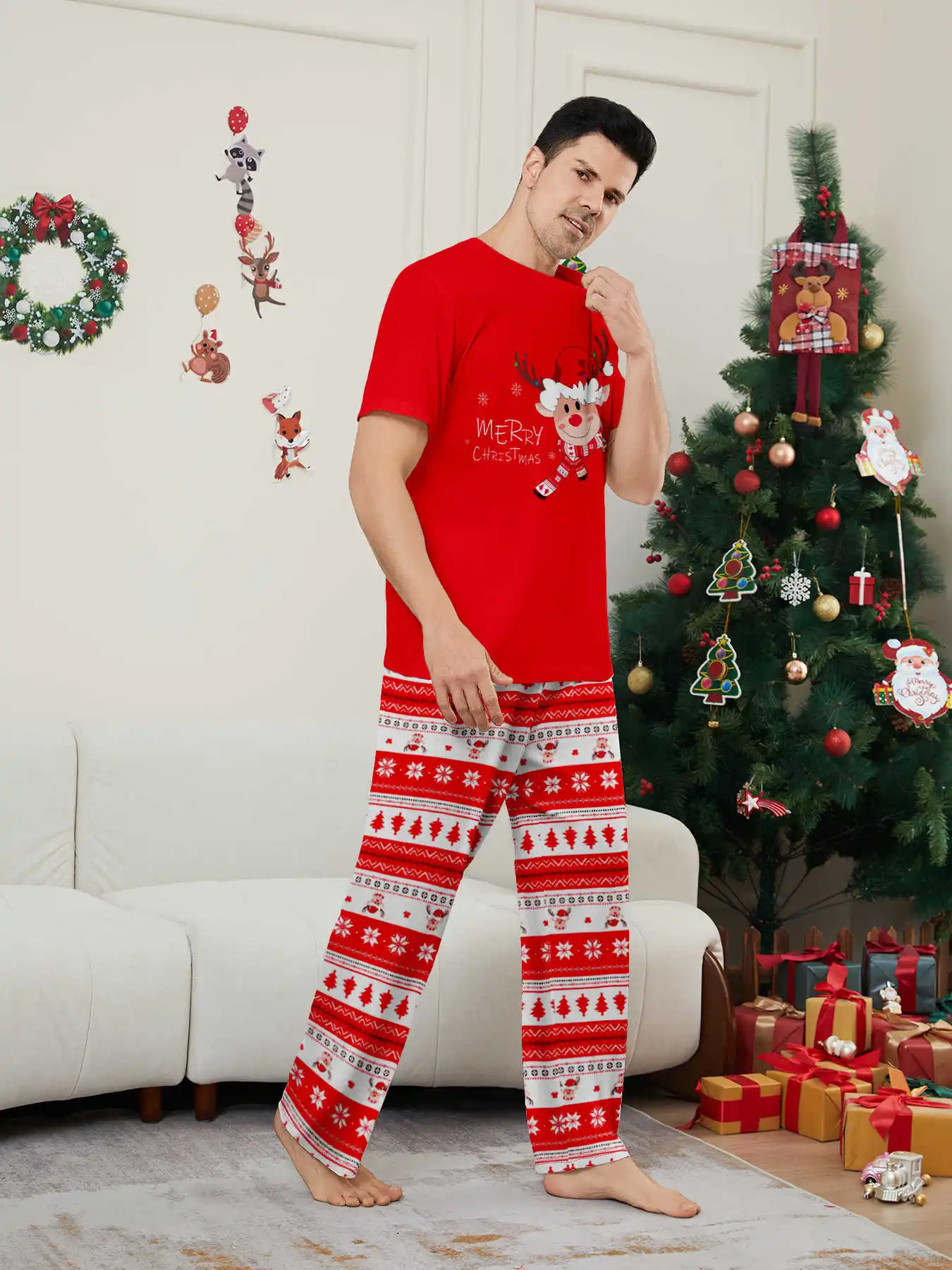New Year's Costumes Short Sleeve Christmas Pyjamas Set Adults Kids Matching Outfits Cute Elk Print T-shirt+Trousers Loungewear