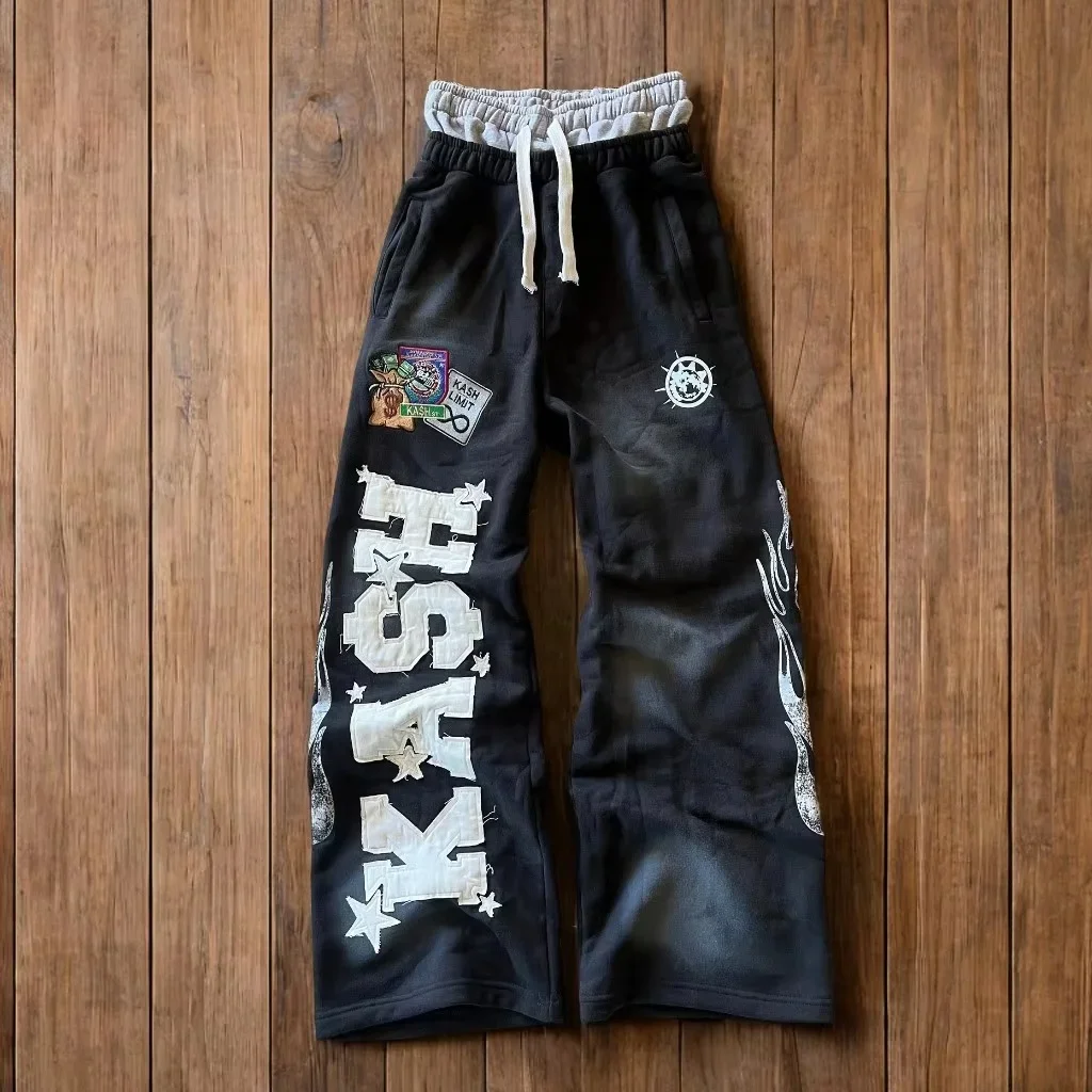 Summer Hot Sale Y2K Hip Hop Baggy Wide Leg Pants Unisex Double Layer Waist Letter Patch Flame Print Streetwear Loose Trousers Summer Hot Sale Y2K Hip Hop Baggy Wide Leg Pants Unisex Double Layer Waist Letter Patch Flame Print Streetwear Loose Trousers