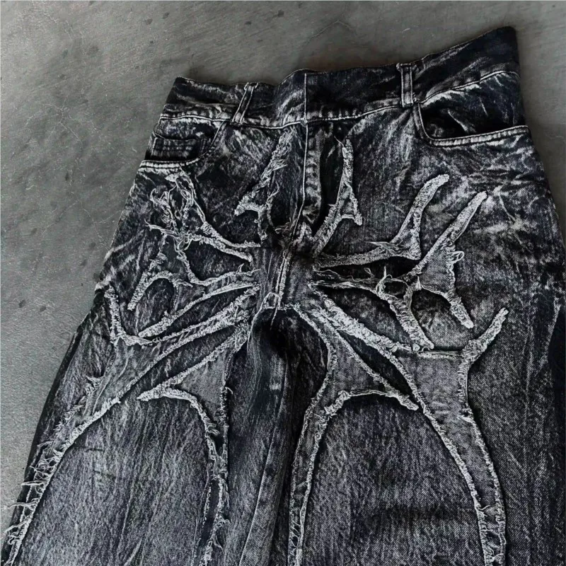 Gothic Retro Baggy Unisex Mopping Pants Y2K Phantom Jeans High Street Spider Embroidered Patch Hip Hop Streetwear Straight Jeans - Image 4