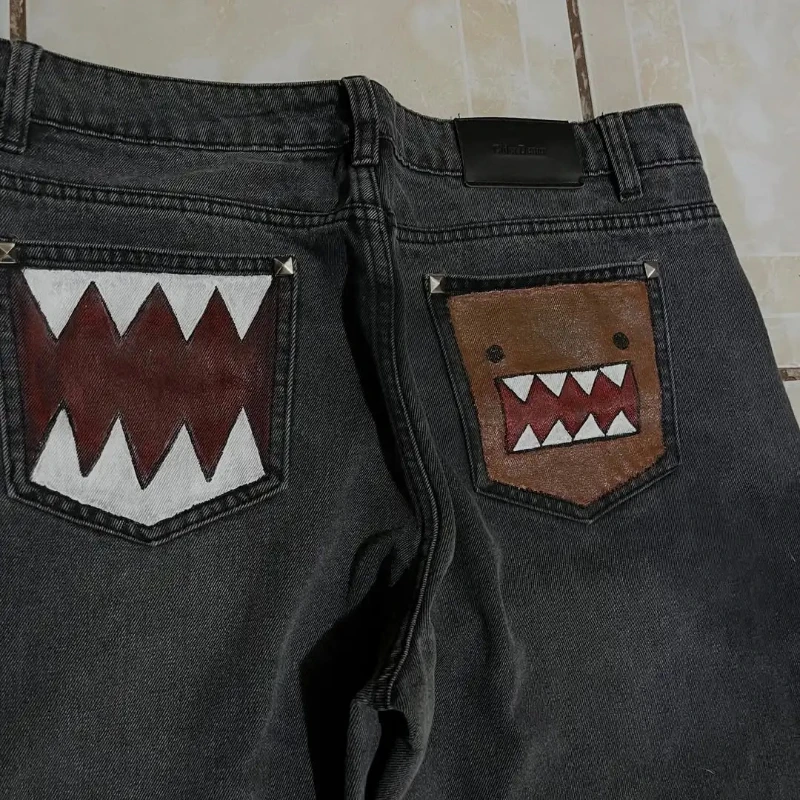 Washed Black Baggy Men Monster Tooth Embroidery Jeans Pocket Wide Leg Denim Pants Y2k Streetwear Hip Hop Loose Trousers Unisex - Image 3