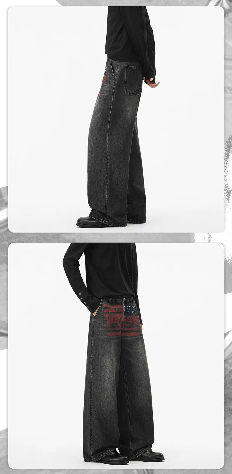 American-style vintage distressed printed washed gray jeans, unisex, versatile loose straight-leg casual trendy pants