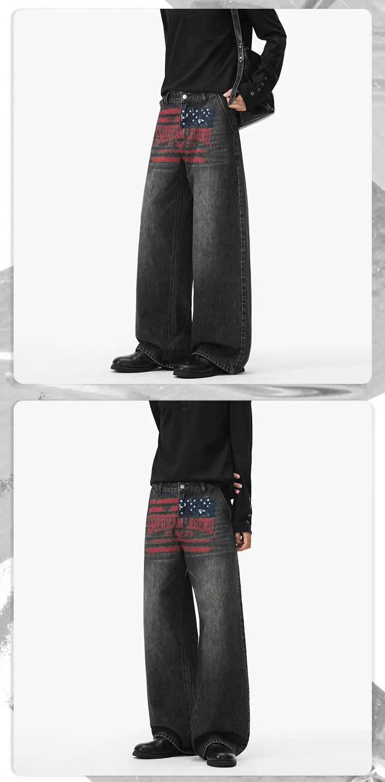 American-style vintage distressed printed washed gray jeans, unisex, versatile loose straight-leg casual trendy pants