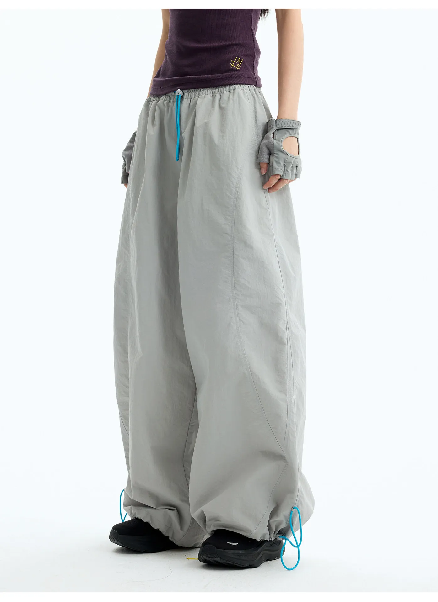 Unisex Parachute Pants Loose Wide Leg Waist Hem Lightweight Nylon Fabric Baggy Streetwear Trousers For Hiking Outdoor Daily