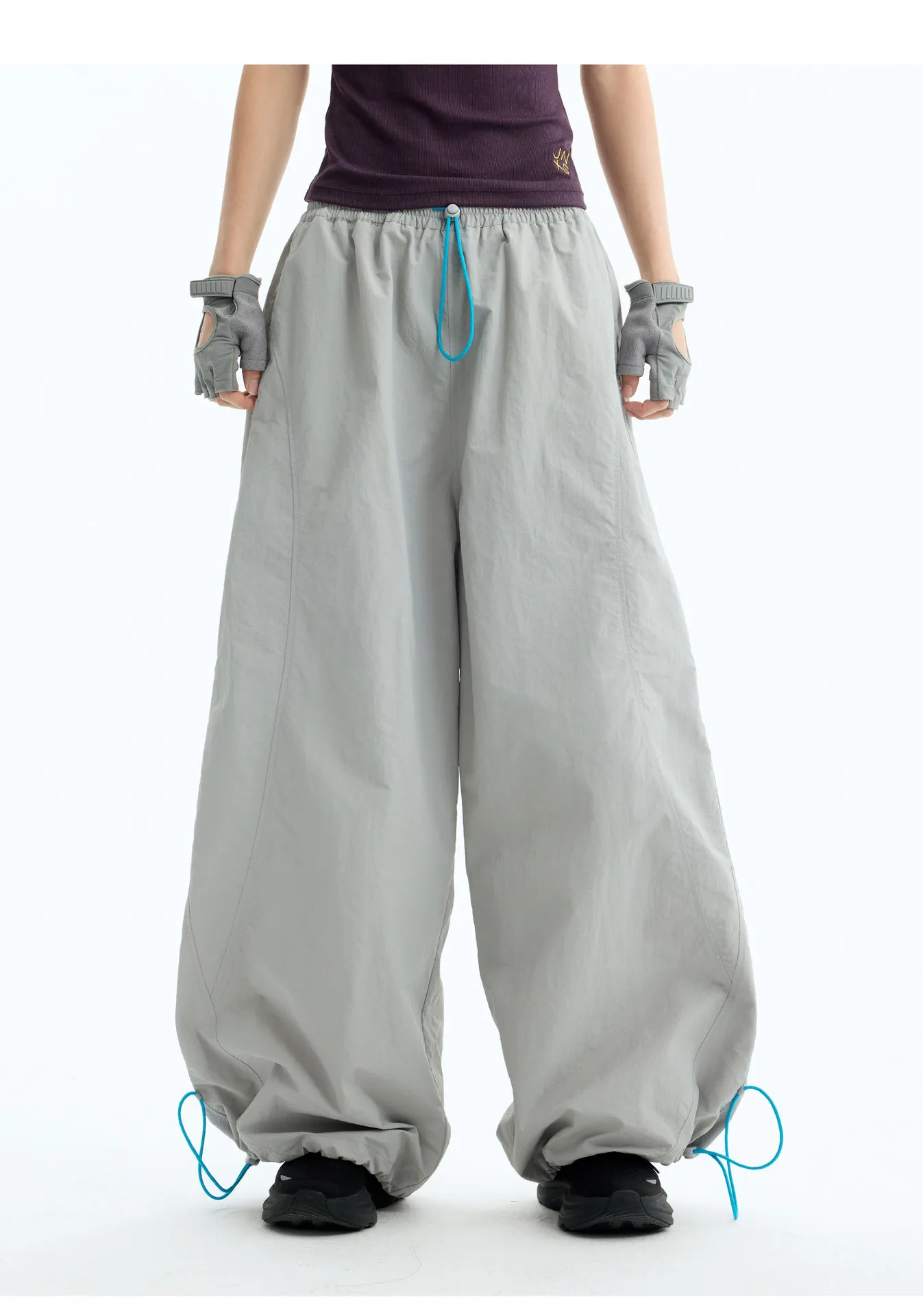 Unisex Parachute Pants Loose Wide Leg Waist Hem Lightweight Nylon Fabric Baggy Streetwear Trousers For Hiking Outdoor Daily