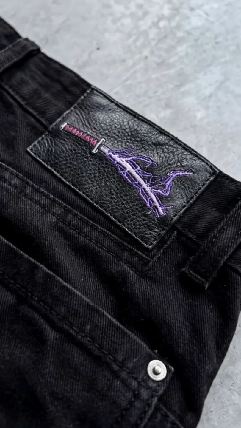 Men Y2K Anime Character Embroidered Jeans Streetwear Cargo Denim Pants Straight Leg High Waist Loose Rock Punk Unisex Jeans