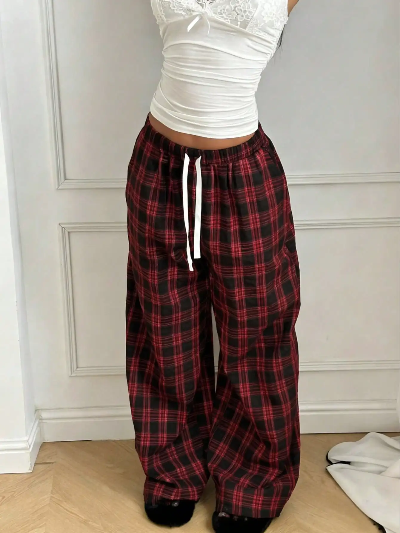 Summer Quick Dry Wide Leg Long Pants Unisex Navy White Plaid Check Print Drawstring Loose Y2K Daily Casual Streetwear Trousers